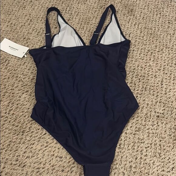 NWT BloomChic Blue One Piece Swimsuit with V-Neck and Textured Design - Picture 6 of 11
